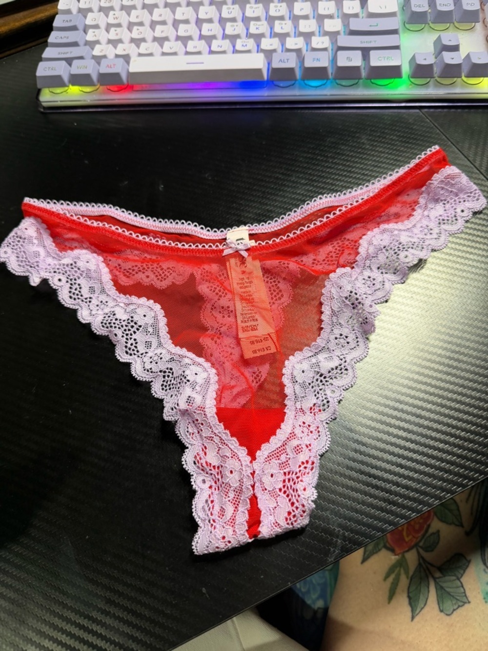 Victoria's Secret Red Bikini Panty with White Lace Trim